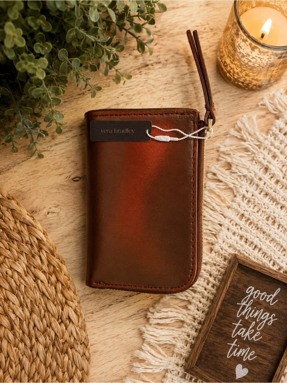 Vera Bradley Leather Zip Around Wallet Wristlet Brownze NWT